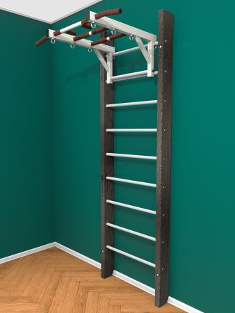 Брашированная шведская стенка "Кастерли" Черный с турником (Белые ступени)