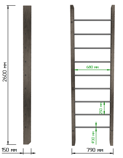картинка Брашированная шведская стенка "Кастерли" Черный (Черные ступени) от магазина Лазалка
